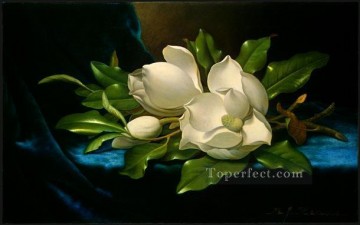Martin Johnson Heade Painting - Giant Magnolias on a Blue Velvet Cloth Romantic flower Martin Johnson Heade